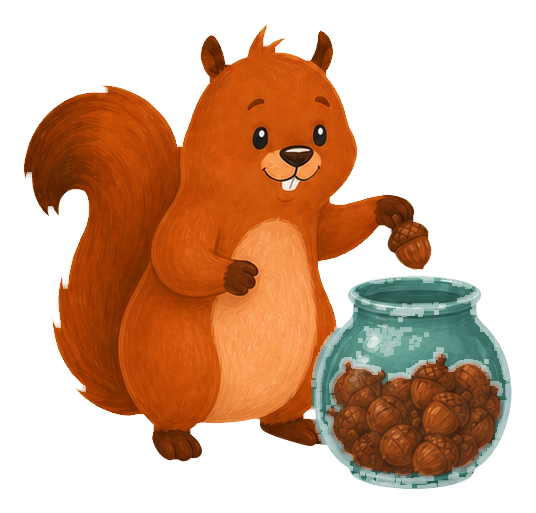 Balancorn squirrel placing an acorn into a savings jar