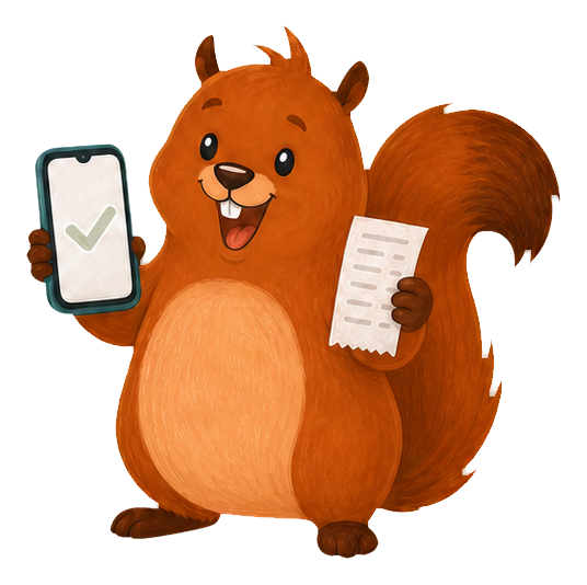 Happy Balancorn squirrel confirming a receipt